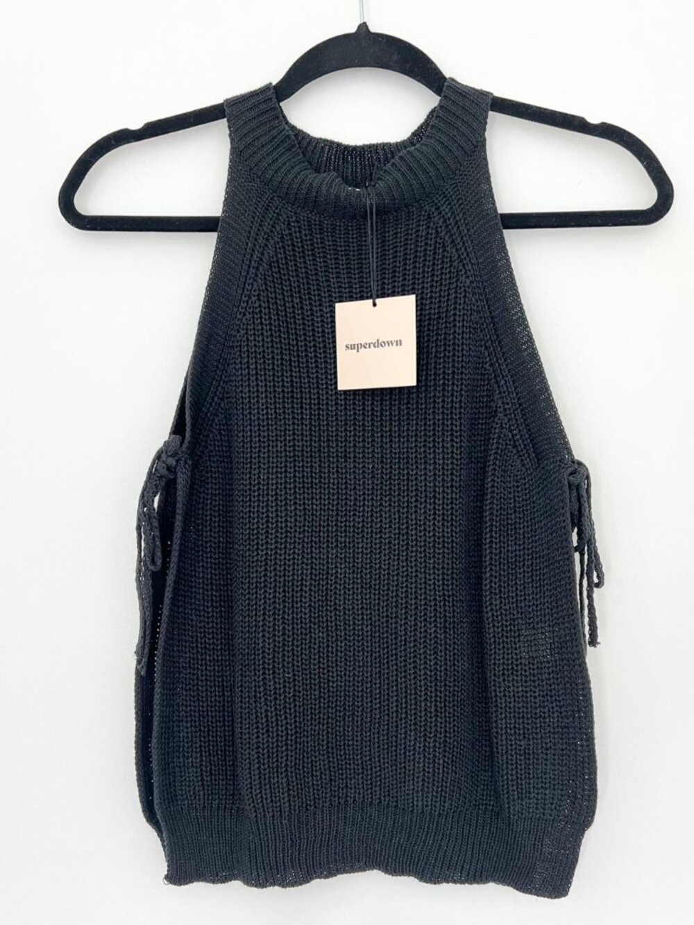 Superdown Chunky Knit Mock Neck Halter Sweater Tank Side Tie Black NWT